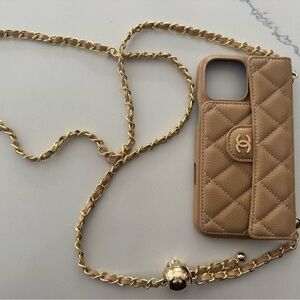 Quilted Tan Phone Case with Gold Chain Strap